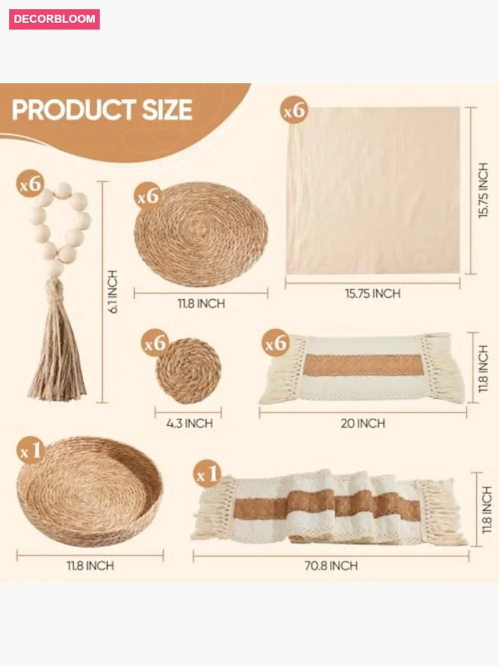 32 Pcs Boho Placemats Table Setting Set - Hand-Woven Water Hyacinth Mats, Cloth